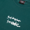 Green t-shirt with white 'Screw Loose' logo and brand tag on a green background