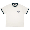 White t-shirt with navy ringer sleeves and collar on a white background