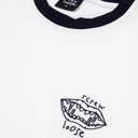 White t-shirt with black lip graphic and text on a white background