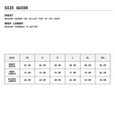 Size guide chart for clothing measurements on a white background