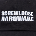Black cap with 'Screwloose Hardware' text in white on a black background