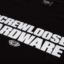 Black t-shirt with 'CREWLOOSE HARDWARE' printed in white on a black background