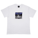 White t-shirt with graphic design and text on a white background