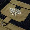 Brown bag with a logo and text on a black mesh background