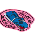 An embroidered patch featuring a blue sneaker illustration with red laces and a red interior, surrounded by the text 'COLLECTORS SOCIETY' and 'MODERN SHOES' on a pink background.
