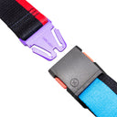 Two webbing straps with colorful buckles on a white background