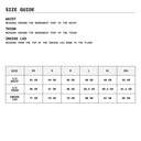 Size guide for pants with measurements in centimeters