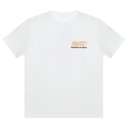 White t-shirt with a small logo on a white background
