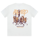 White t-shirt with a graphic design of people around a table and the word 'Atlanta' in orange.