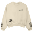 Beige sweatshirt with black text and graphics on a white background