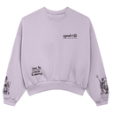 Light purple sweatshirt with black text and graphics on a white background