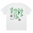 White t-shirt with black graphic design on a white background