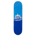 A blue skateboard deck with a white graphic of a pagoda and the text 'sushi SKATEBOARDS' printed in the center, shown against a plain white background.