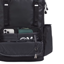 Black backpack with front pocket showing phone and wallet on a white background