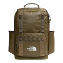 The North Face olive green backpack with side pockets and a white logo on the front pocket, shown against a plain white background.