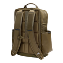 The back view of an olive green backpack by The North Face, featuring padded shoulder straps, side pockets, and a top carry handle on a white background.