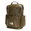 The North Face olive green backpack with multiple zippered compartments and side pockets, shown on a plain white background.