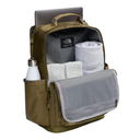 An olive green The North Face backpack shown open, containing a gray laptop, rolled gray towel, and white striped socks, with a white bottle in the side pocket, on a white background.
