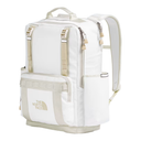 White backpack with beige accents and The North Face logo on a white background