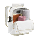 White backpack with various items including a bottle, book, and clothes on a white background