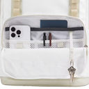 White travel organizer with compartments containing a phone, bottles, and keys.