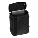 Black backpack with open lid showing a laptop inside, on a white background