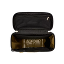 Black toiletry bag with gold interior on a white background