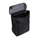 A black waterproof backpack shown open, displaying its interior mesh pocket and organizer compartments, on a solid white background.