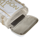 Beige travel organizer with a clear compartment on a white background