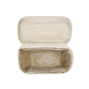 Beige toiletry bag with clear top compartment on a white background