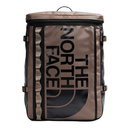 The North Face backpack in a brown and black colorway, featuring a large black logo print on the front panel and a textured vertical stripe on the left side, shown against a plain white background.