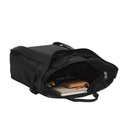 A black nylon backpack shown open, revealing its interior space filled with notebooks, pens, and a small brown pouch, set against a plain white background.