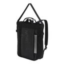 A black North Face backpack shown from a three-quarter angle against a plain white background, featuring a vertical tonal logo and a silver laptop sleeve on the side.