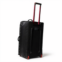 A black soft-sided rolling suitcase with an extended telescoping handle, red accents on the handle and wheel rims, and a zippered side compartment, photographed on a clean white background.