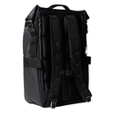 Black backpack with multiple straps on a white background