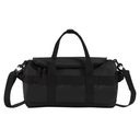 A black nylon duffel bag with dual top handles, a detachable shoulder strap, and a horizontal compression strap across the front, shown against a plain white background.