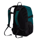 A black and teal backpack shown from a three-quarter rear angle on a solid white background, featuring a mesh back panel, padded shoulder straps, and a side water bottle pocket.