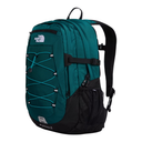 A dark teal and black The North Face backpack with turquoise bungee cord details, shown on a solid white background.