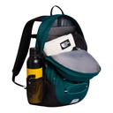 A teal and black backpack shown open on a white background, with a laptop inside, a white knit beanie, and a black-and-yellow bottle in the side mesh pocket. A small The North Face logo patch is visible on the beanie.
