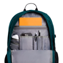 Open teal backpack with gray interior showing organized compartments on a light blue background