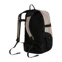 A black and beige backpack shown from a three-quarter rear view, featuring a black mesh back, padded shoulder straps, and a side pocket, set against a plain white background.