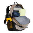 A beige and black backpack shown open on a white background, filled with a laptop, a blue striped pouch, a pale yellow item, and a black water bottle in the side mesh pocket.