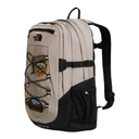 A beige and black The North Face backpack with multiple patches, a front mesh pocket, and adjustable black shoulder straps, shown on a plain white background.