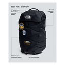 Black The North Face backpack shown on a light gray background with callout text and arrows highlighting features such as the 16-inch laptop sleeve, fleece-lined essentials pocket, flexvent suspension system, external bungee compression system, and self-standing design.