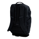 Black backpack shown from the back view on a solid white background, featuring padded shoulder straps, compression buckles, and a top carry handle.