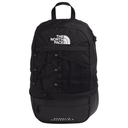 The North Face black backpack with a white logo on the front, featuring a top handle, lace-up front detail, mesh pocket, and zippered compartments.