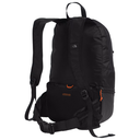 A black The North Face backpack shown from a three-quarter rear angle on a solid white background, featuring orange zipper pulls and a small orange logo.