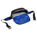 A black and blue waist bag shown open, revealing a gray interior lining and a bright blue front pouch, on a plain white background.