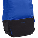 Close-up of a blue and black backpack showing the lower half, including a black mesh side pocket and blue zipper accents, on a white background.