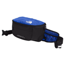 A black and blue waist bag from The North Face, featuring a blue top flap with the brand's logo, a black body, and a blue mesh side pocket, shown against a plain white background.